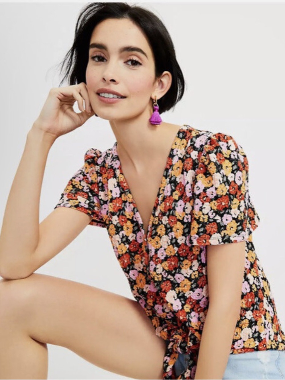 Loft Floral Textured Tie-Front Top
